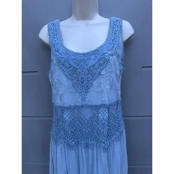 SUNDANCE Love Always Blue Lace Overlay Midi Dress Sz 6 Beach Coastal Romantic - Picture 5 of 14